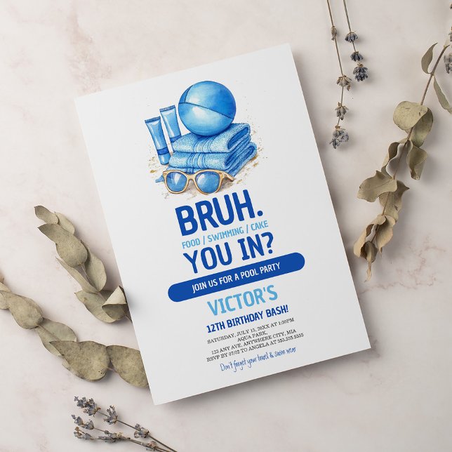 Convites Parceiro de Piscina Azul BRUH Aniversário (Criador carregado)
