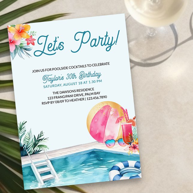Convites Parceiro de piscina de Verão Cocktails Adulto Aniv (Pool Party Adult Birthday Invitation with tropical vibe and modern lettering)
