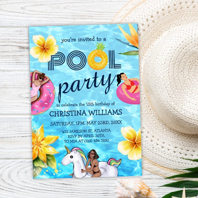 Convites Parceiro de Piscina moderna, Summer Girl, aniversá (Modern Pool Party Summer Girl Birthday Invitation)