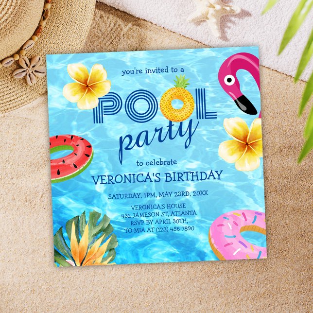 Convites Parceiro de piscina, verão, diversão de água, aniv (Pool Party Summer Water Fun Birthday Invitation)