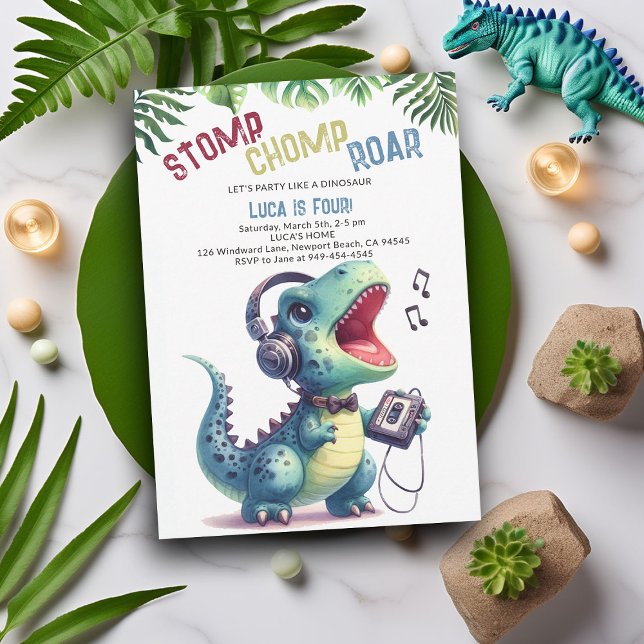 Convites Parceiro Dinossauro Canções Esomp Chomp Roar Boy A (Dinosaur boy birthday invitation dino stomp chomp roar pre historic jungle song dance party cute fun)