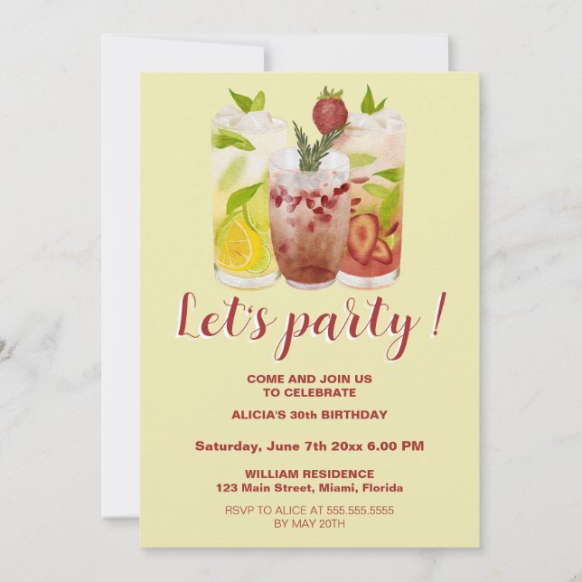 Convites Parceiro Pastel Yellow Summer Coctail Aniversário (Frente)