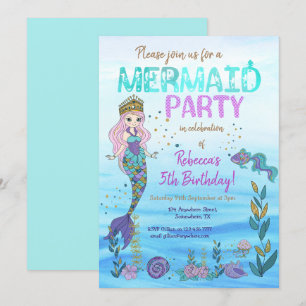 Convites Parceiro Sereia Roxo Teal Glitter Aniversário