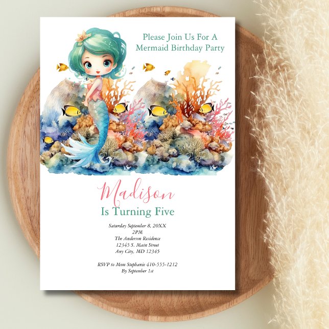 Convites Parceiro Sereia Trendy Popular Meninas Aniversário (Mermaid Girls Birthday Invitation. Coral Sea life)
