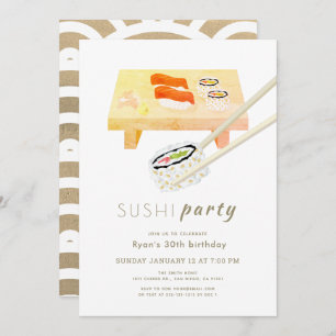 Convites Parceiro Sushi Moderno Branco e Dourado Aniversári