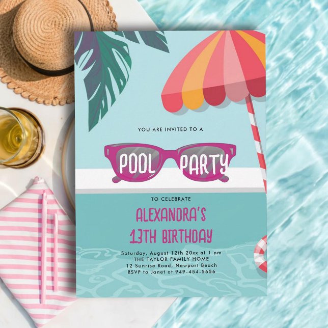 Convites Parceiro Tropical Moderno Folha de piscina (teen pool party invitations for girls tween thirteen pink sunglasses tropical leaf cute modern cool)