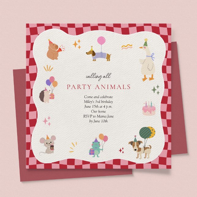 Convites Parceiros Retrorminimalistas Aniversário (Calling All Party Animals Birthday Invitation Retro Minimalist Zoo Animals Safari Jungle Cute)