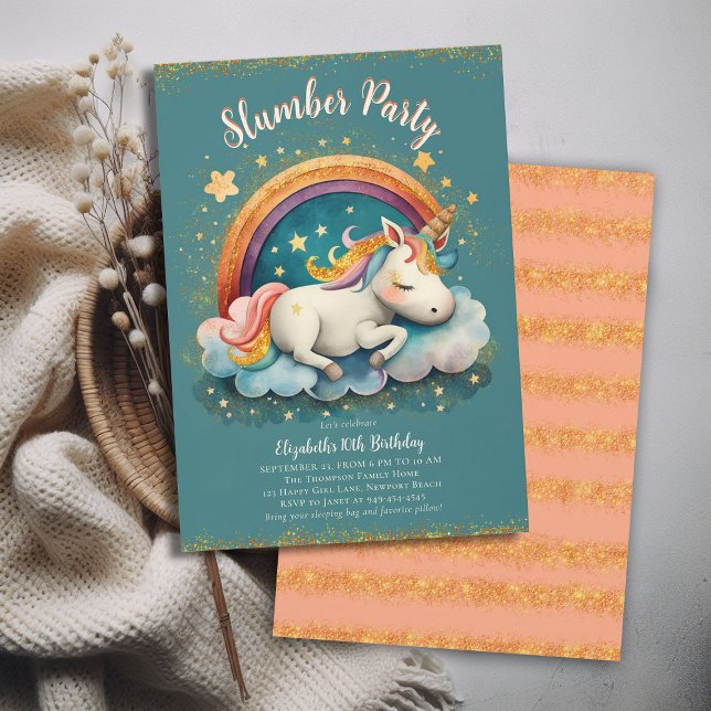 Convites Parente do Unicórn Slumber Pajama Garota Teal Aniv (magical unicorn child girls slumber pajama pj sleepover party invitation teal pink orange glitter)