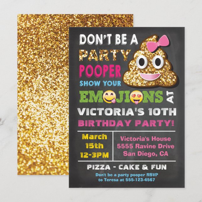 Convites Parente Emoji do Dourado Glitter Birthay (Frente/Verso)