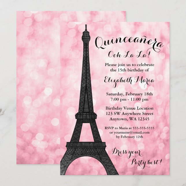 Convites Paris Bokeh Glitter Luzes Quinceañera (Frente/Verso)