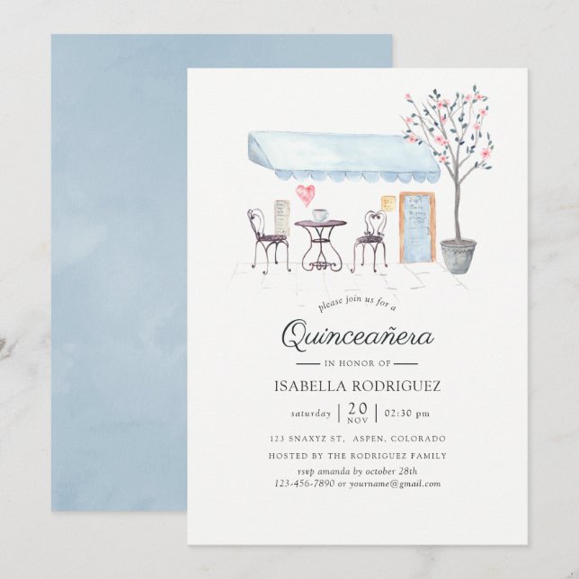 Convites Paris Cafe Aquarela Quinceañera (Frente/Verso)