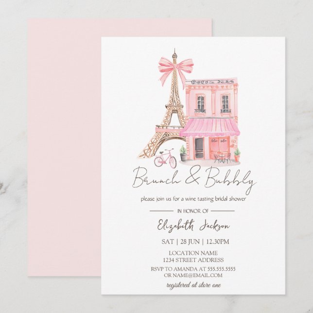 Convites Paris Cafe Watercolor Pink  Brunch and Bubbly (Frente/Verso)