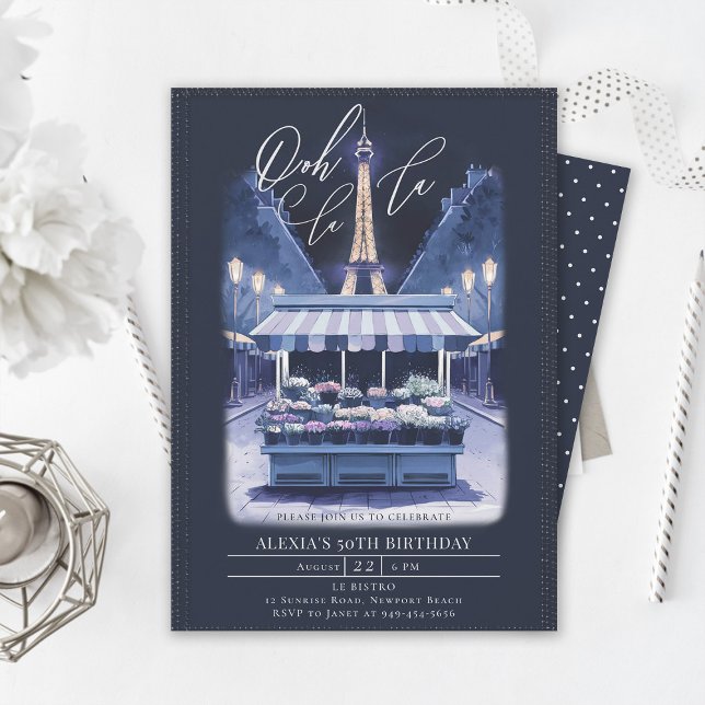 Convites Paris Eiffel Night Floral Watercolor 50º Aniversár (paris theme parisian night 50th birthday party invitation flower stand eiffel tower watercolor)