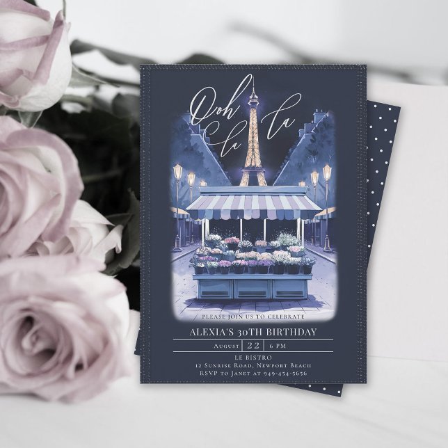 Convites Paris Eiffel Night Flowers Watercolor Aniversário (paris theme parisian night birthday party invitation flower stand eiffel tower watercolor)