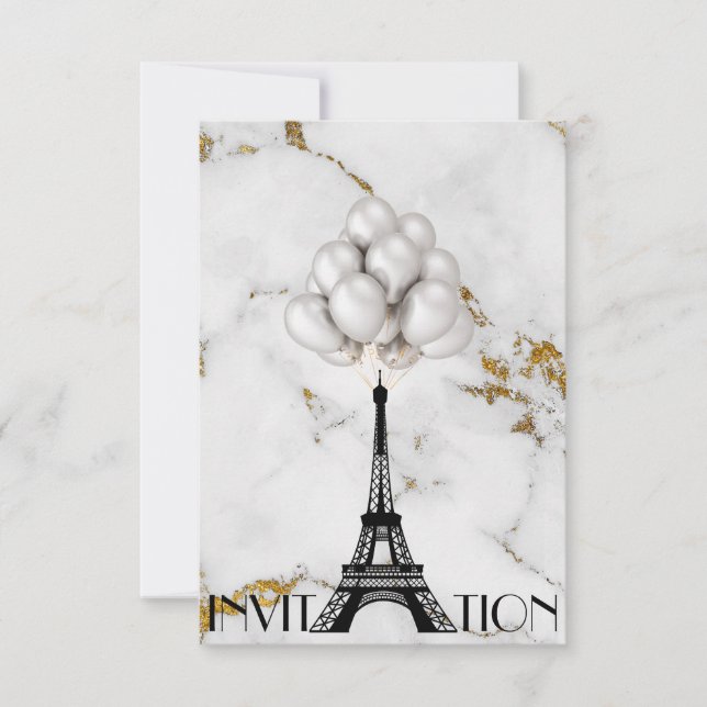 Convites Paris Eiffel Tower Balões Marble Dourado (Frente)