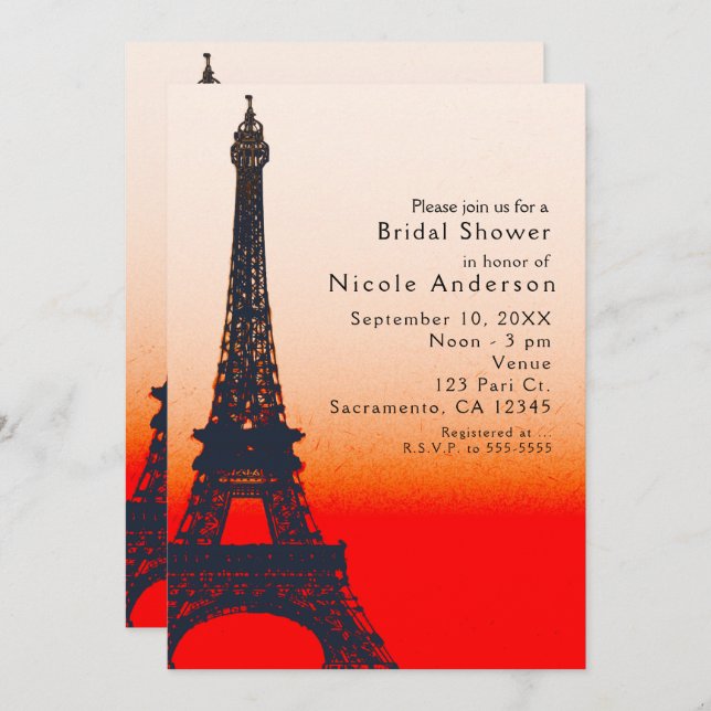 Convites Paris Eiffel Tower Orange Sunset Chic Invances (Frente/Verso)