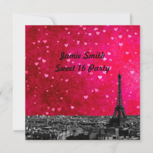 Convites Paris França Skyline #1 Hot Pink Red Sweet 16 SQ