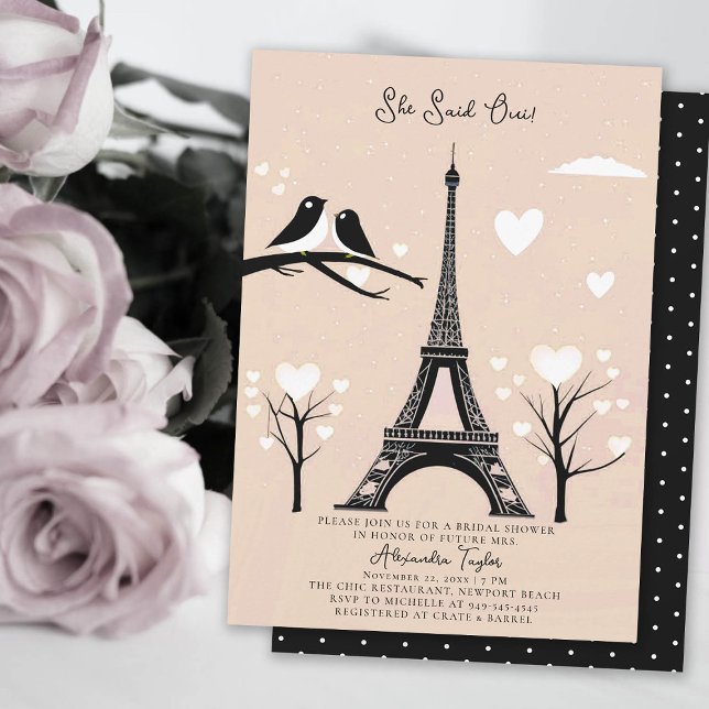 Convites Paris Lovebird Eiffel Winter Peach Chá de panela (winter bridal shower invitation paris themed she said oui eiffel tower lovebirds hearts blush peach )