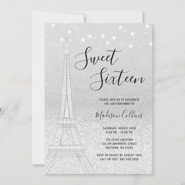 Convites Paris Luzes Glitter Prata Doce 16 (Frente)