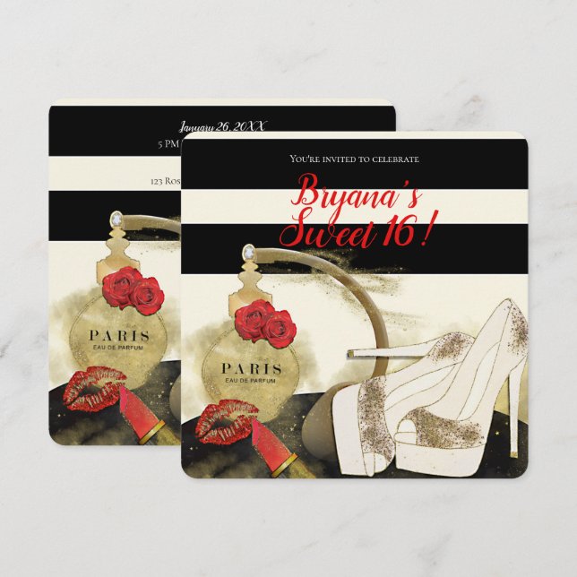Convites Paris Perfume Perfumes Saltos de Rosas e Batom Fes (Frente/Verso)
