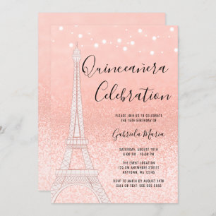 Convites Paris Rosa Dourada Glitter Lights Quinceañera