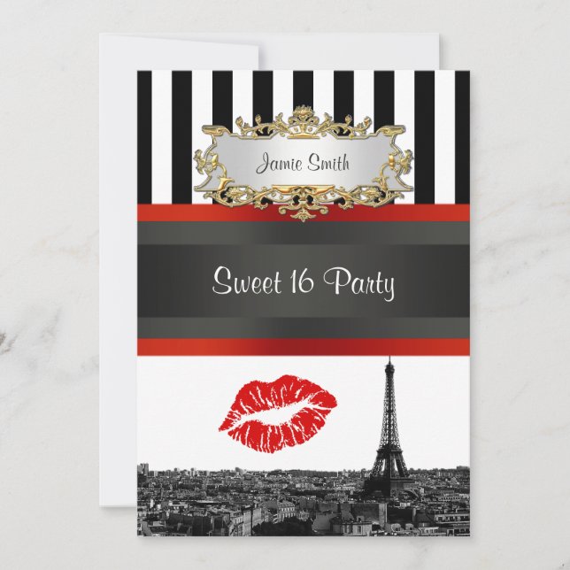 Convites Paris Skyline BW Stripe Red Kiss 16 Party (Frente)