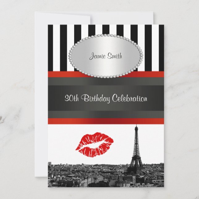 Convites Paris Skyline BW Stripe Red Kiss Festa de aniversá (Frente)