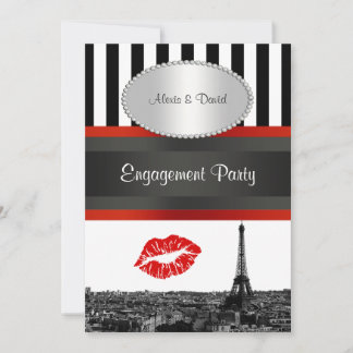 Convites Paris Skyline BW Stripe Red Kiss PV Noivado