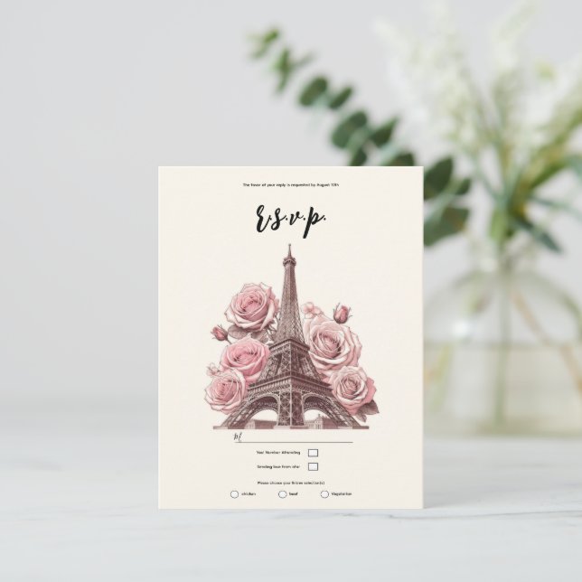 Convites Paris Torre Eiffel & Rosas Cor-de-Rosa Festa Casam (Em pé/Frente)