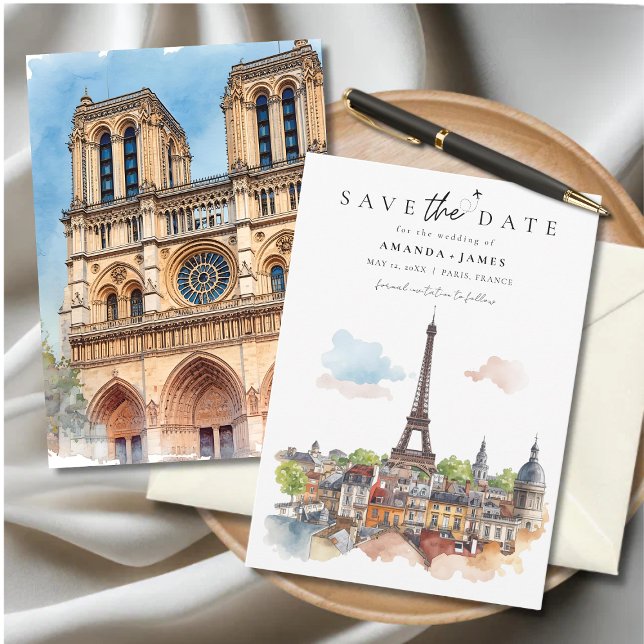 Convites Paris Watercolor Skyline Save the Date (Paris-themed “Save the Date” card featuring watercolor illustrations of the Eiffel Tower.)