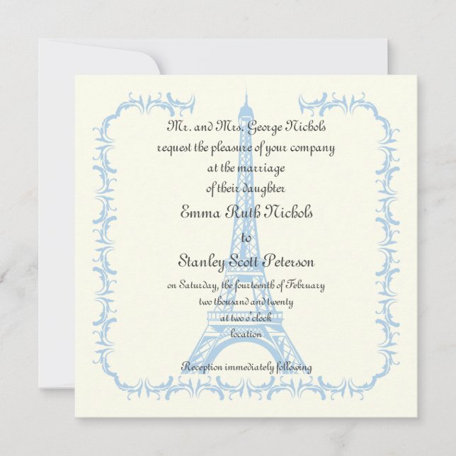 Convites Paris wedding blue Eiffel Tower ivory invitation (Frente)