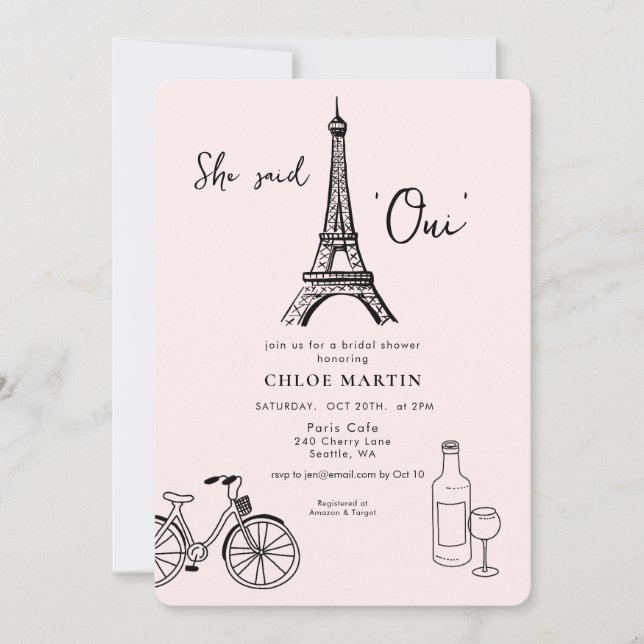 Convites Parisian theme 'She sai Oui' Bridal shower (Frente)