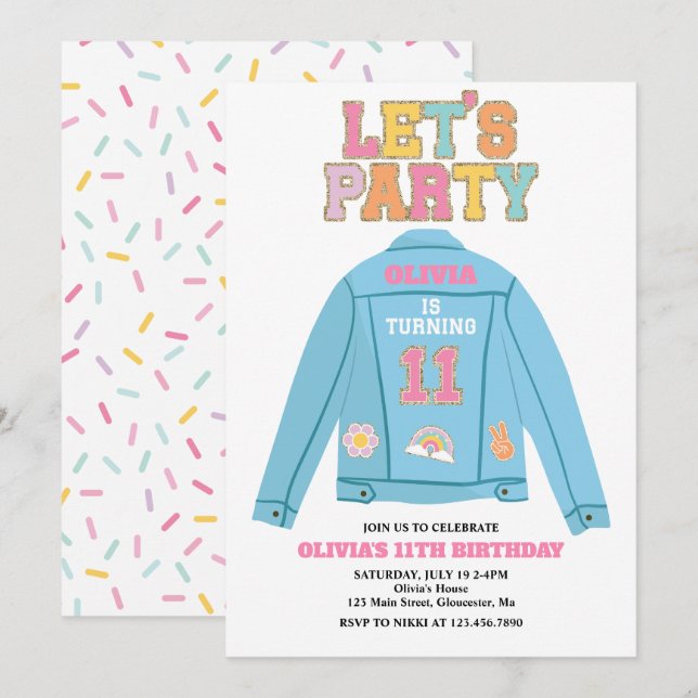Convites Parppy Patch jean jaqueta 11 Birthday (Frente/Verso)