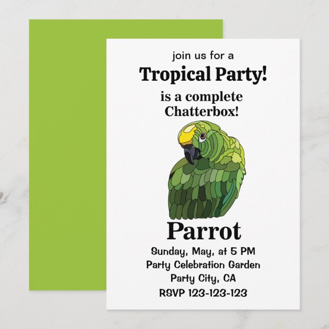 Convites Parrot Bird Chatterbox, Festa Tropical Engraçada (Frente/Verso)