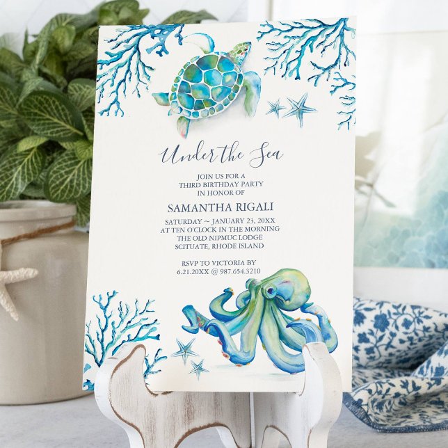 Convites Parte aniversário de 3 anos Sob O Mar (3rd birthday party invitations blue under the sea watercolor art by Victoria Grigaliunas)
