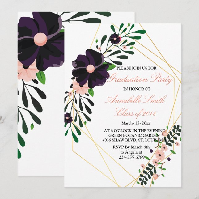 Convites Parte de Graduação floral roxa de Quadro Dourado G (Frente/Verso)