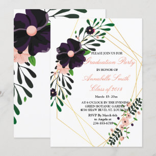 Convites Parte de Graduação floral roxa de Quadro Dourado G