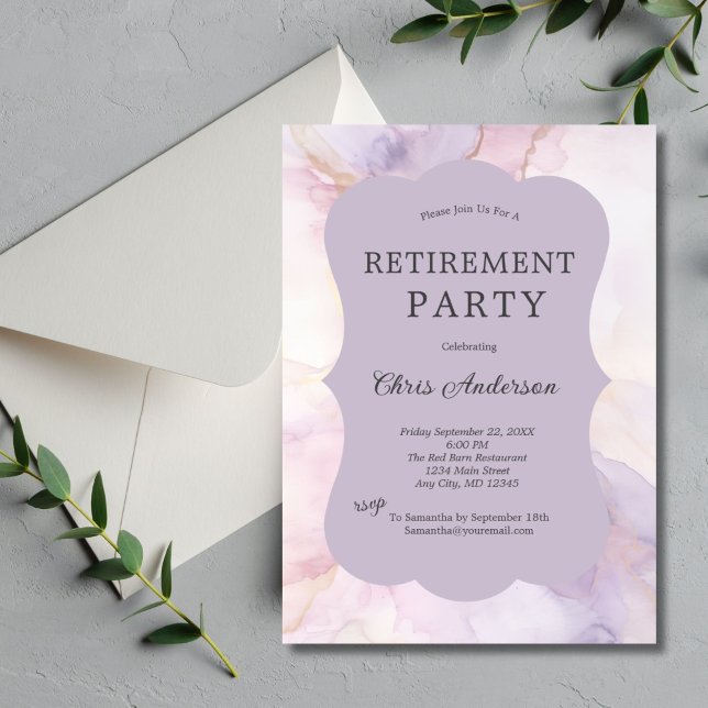 Convites Parte Retirada de Aquarela Rosa Púrpura (Purple pink gold watercolor marble retirement party invitation. Elegant Simple soft pastels. Printed)