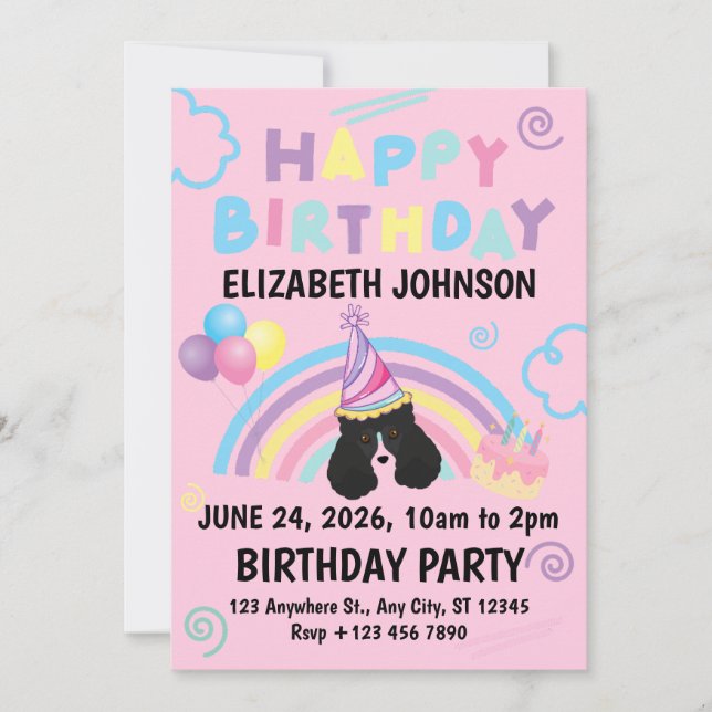 Convites Parti Poodle Birthday Party Invitation Pink (Frente)
