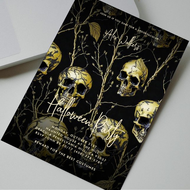 Convites Partido Adulto Halloween Dourado Crânio Moderno (Adult Halloween Party Black Gold Skull Modern Invitation
)