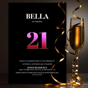 Convites Partido aniversário de 21 anos a preto e rosa mini