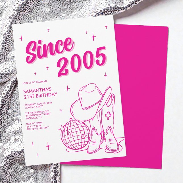 Convites Partido aniversário de 21 anos de Disco Rosa do Pa (Western Country Pink Disco 21st Birthday Party Invitation)