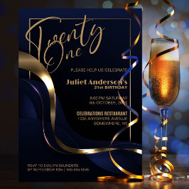 Convites Partido aniversário de 21 anos Dourado Azul Modern