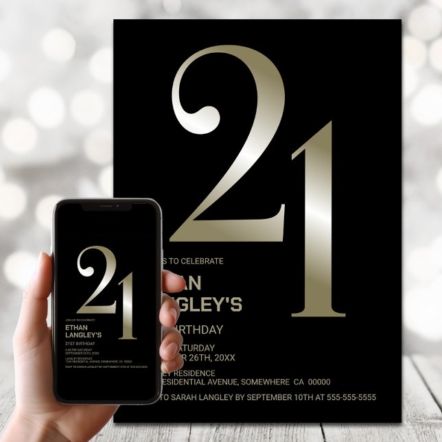 Convites Partido aniversário de 21 anos Dourado Negro Moder (Criador carregado)