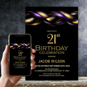 Convites Partido aniversário de 21 anos Dourado Roxo Negro