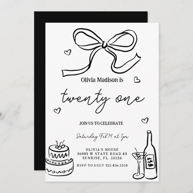Convites Partido aniversário de 21 anos Minimista Negro (Frente/Verso)