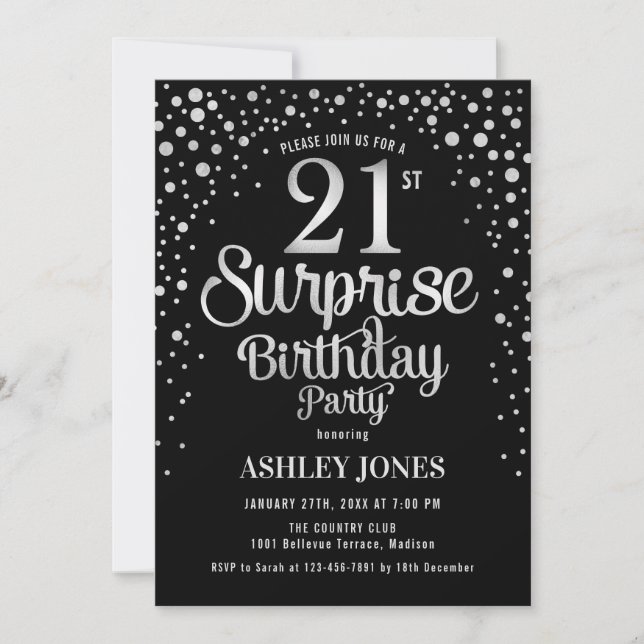 Convites Partido aniversário de 21 anos Surpresa - Prata e  (Frente)