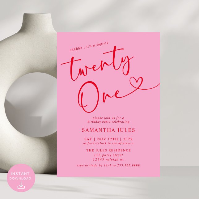 Convites Partido aniversário de 21 anos Vermelho Rosa Moder (Criador carregado)