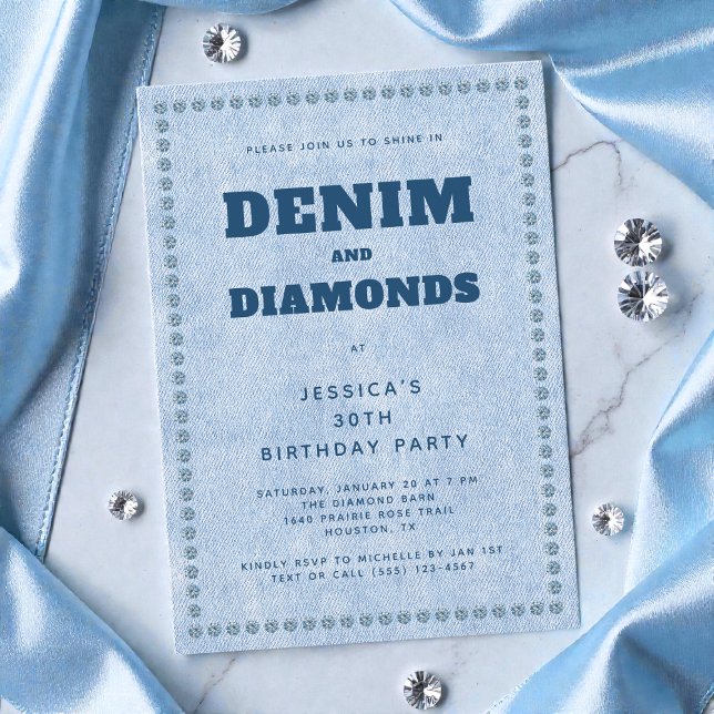 Convites Partido aniversário de 30 anos de Jeans Azul Denim (Denim and Diamonds Blue Jeans 30th Birthday Party Invitation)