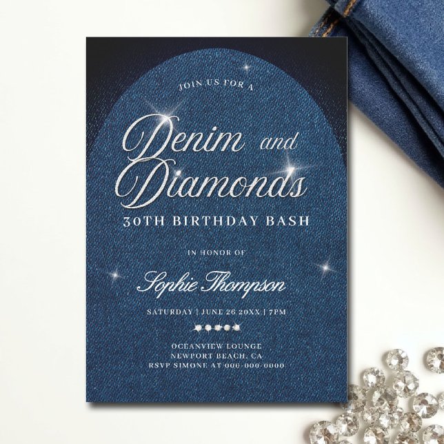 Convites Partido aniversário de 30 anos de Script de Arch d (denim and diamonds invitation template 30th 50th sweet 16 elegant classy arch script)